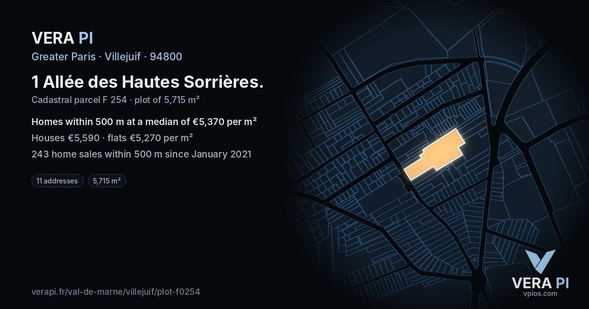 1 Allée des Hautes Sorrières, Villejuif at night – the plot lit, the parcels around coloured by the prices near them