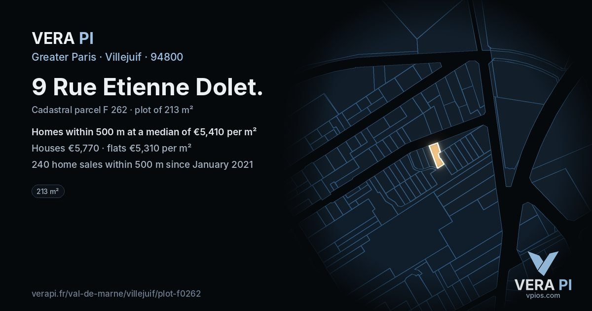 9 Rue Etienne Dolet, Villejuif at night – the plot lit, the parcels around coloured by the prices near them