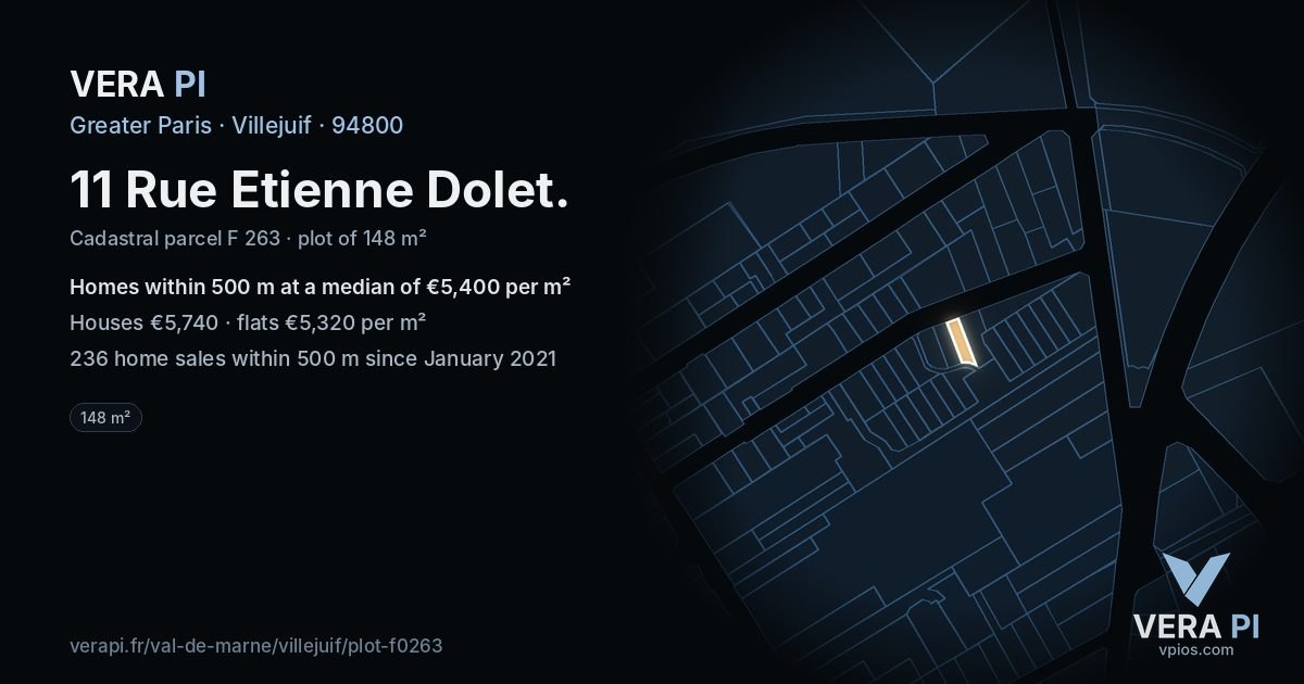 11 Rue Etienne Dolet, Villejuif at night – the plot lit, the parcels around coloured by the prices near them