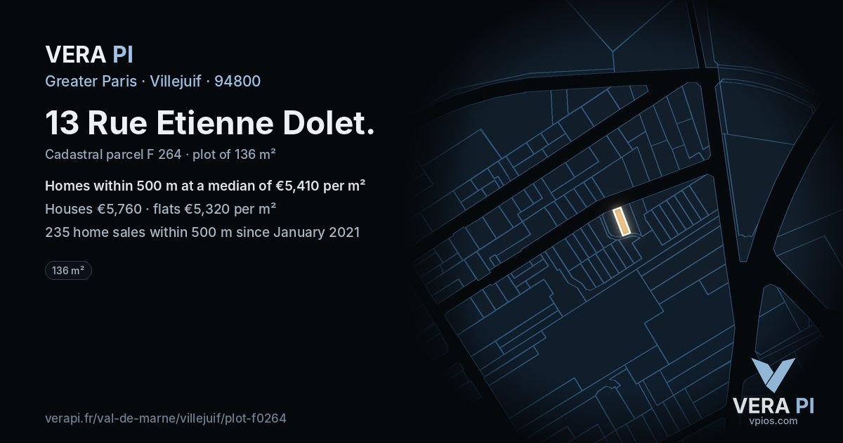 13 Rue Etienne Dolet, Villejuif at night – the plot lit, the parcels around coloured by the prices near them