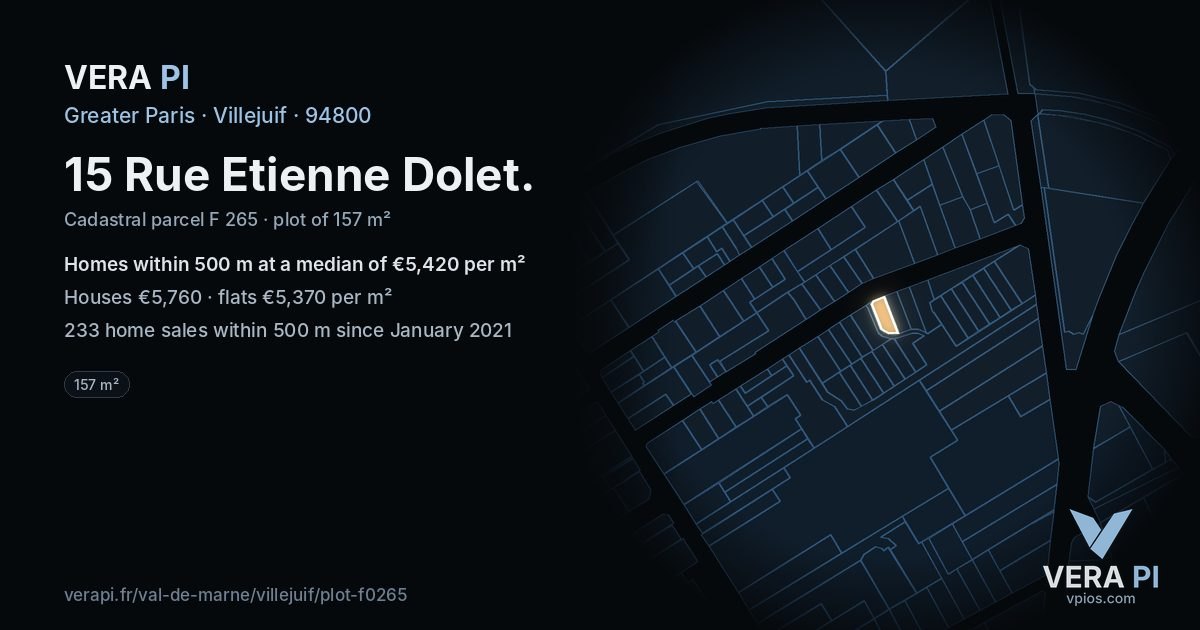 15 Rue Etienne Dolet, Villejuif at night – the plot lit, the parcels around coloured by the prices near them