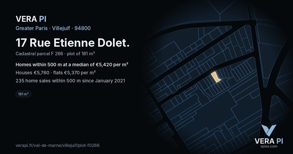 17 Rue Etienne Dolet, Villejuif at night – the plot lit, the parcels around coloured by the prices near them