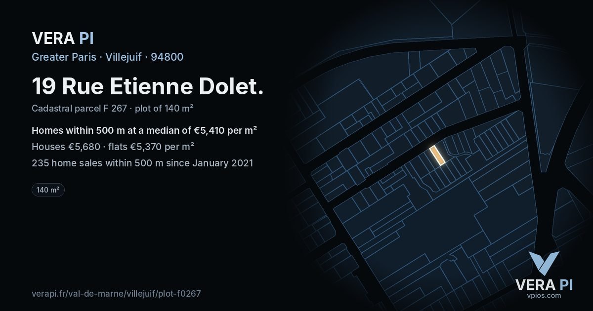 19 Rue Etienne Dolet, Villejuif at night – the plot lit, the parcels around coloured by the prices near them