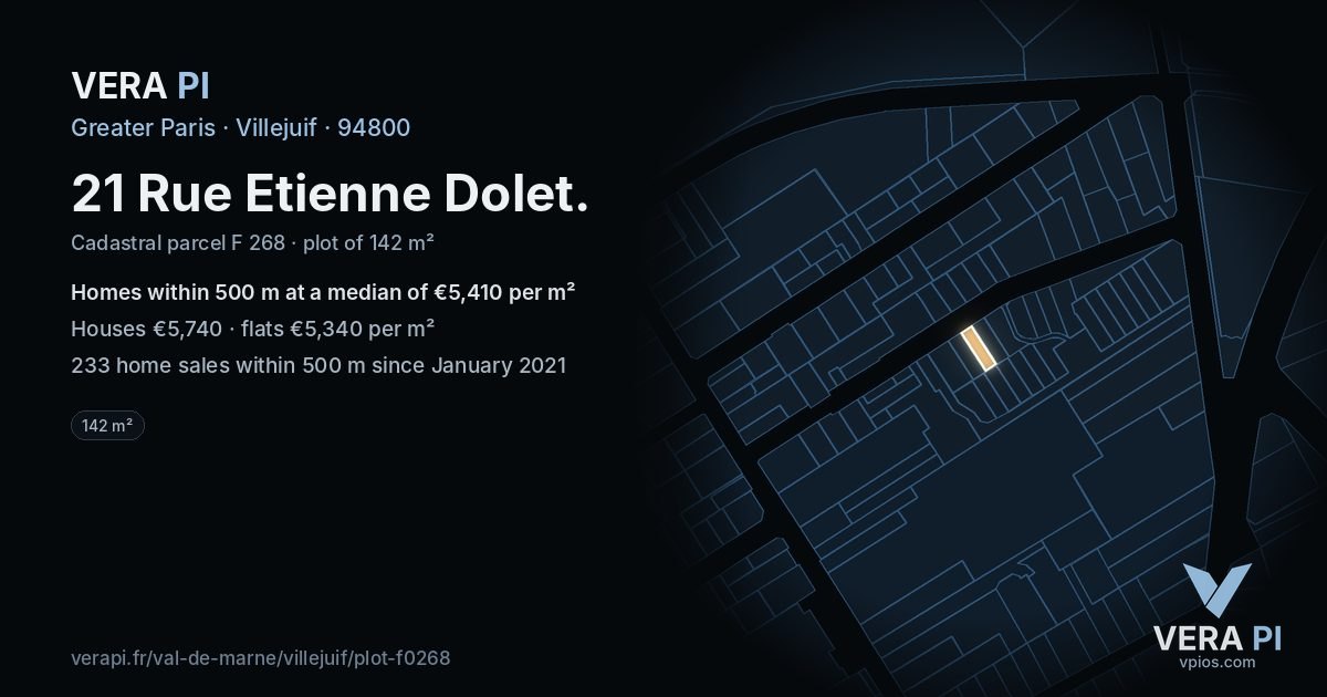 21 Rue Etienne Dolet, Villejuif at night – the plot lit, the parcels around coloured by the prices near them