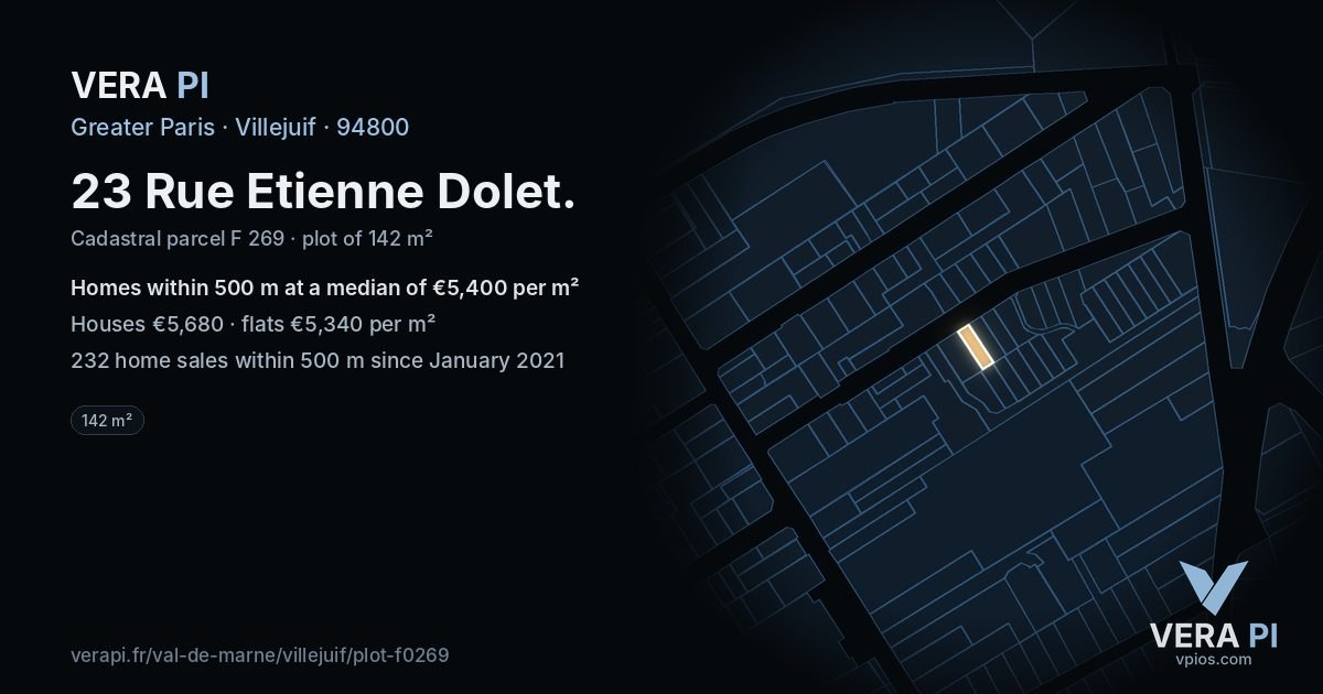 23 Rue Etienne Dolet, Villejuif at night – the plot lit, the parcels around coloured by the prices near them