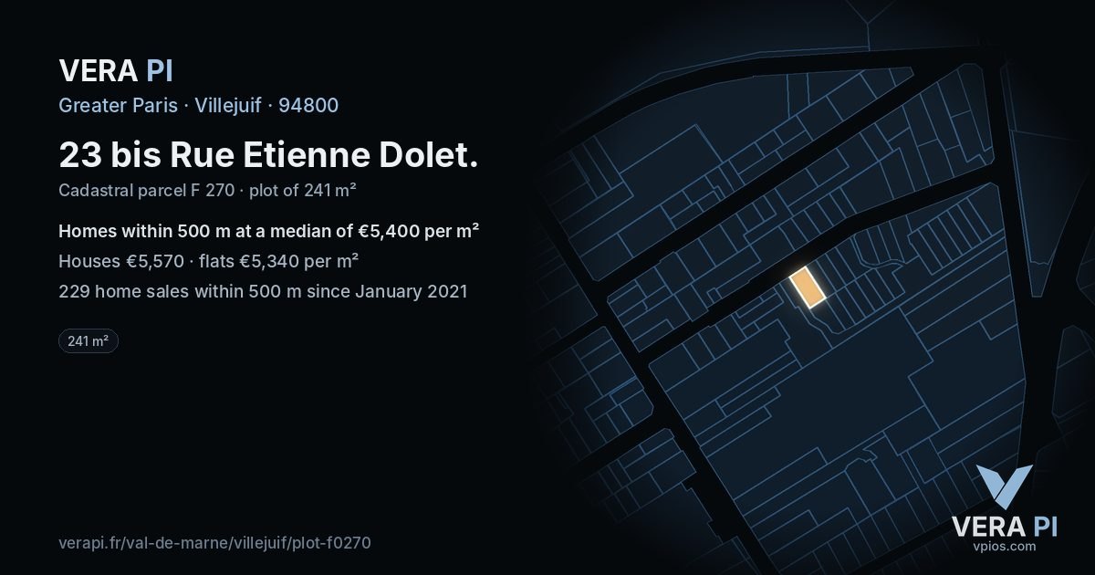 23 bis Rue Etienne Dolet, Villejuif at night – the plot lit, the parcels around coloured by the prices near them
