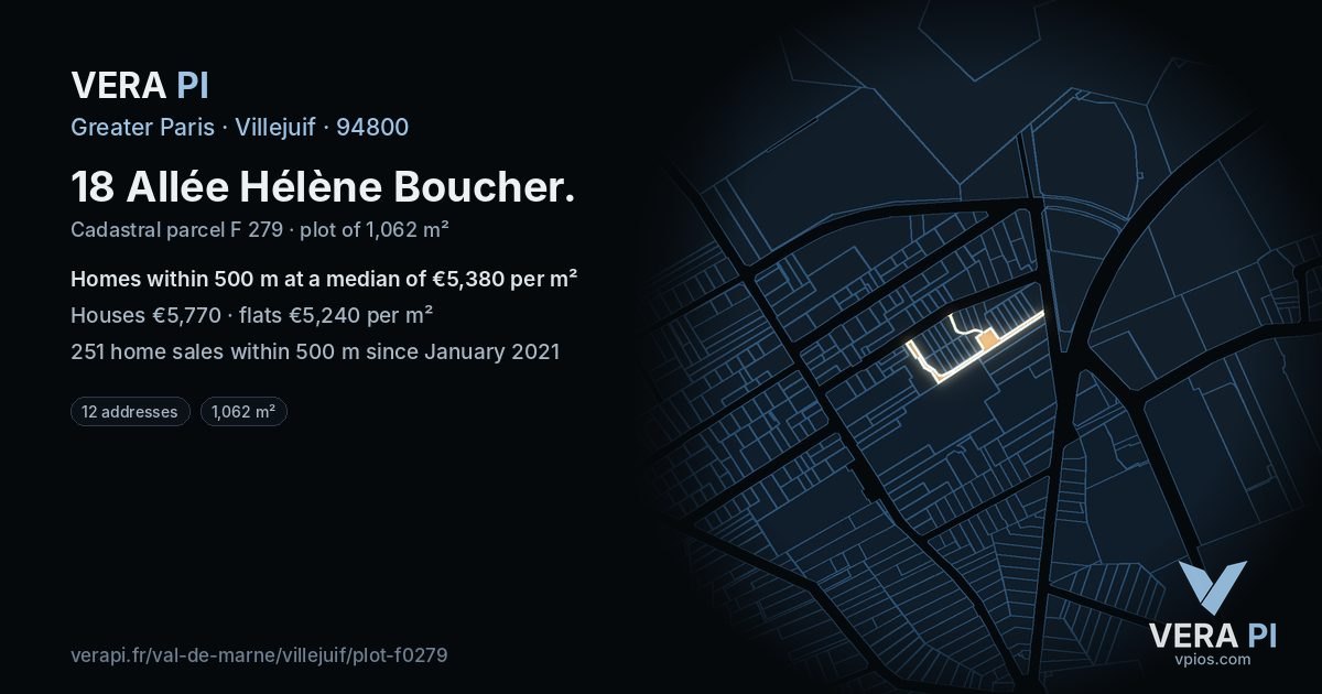 18 Allée Hélène Boucher, Villejuif at night – the plot lit, the parcels around coloured by the prices near them