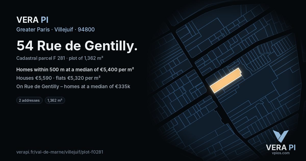 54 Rue de Gentilly, Villejuif at night – the plot lit, the parcels around coloured by the prices near them