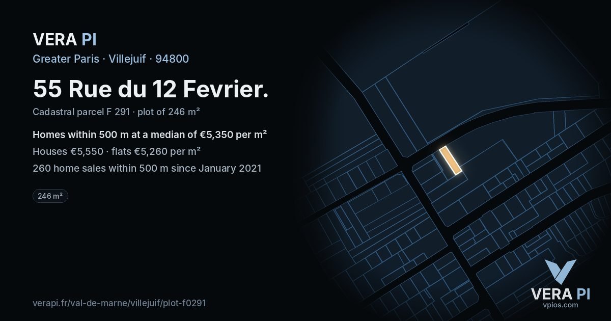 55 Rue du 12 Fevrier, Villejuif at night – the plot lit, the parcels around coloured by the prices near them