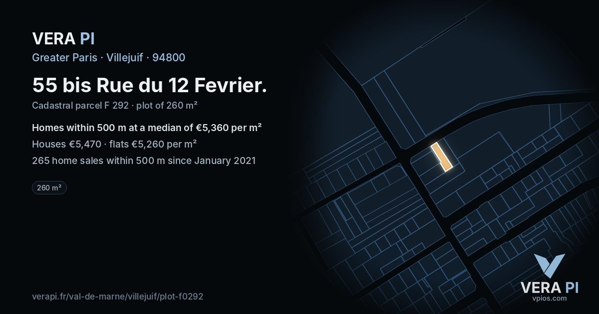 55 bis Rue du 12 Fevrier, Villejuif at night – the plot lit, the parcels around coloured by the prices near them