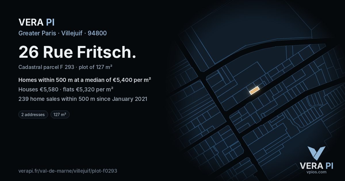 26 Rue Fritsch, Villejuif at night – the plot lit, the parcels around coloured by the prices near them