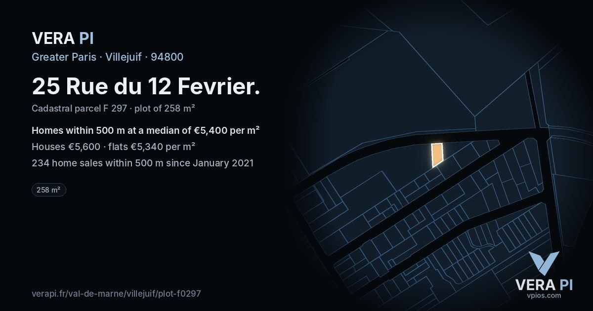 25 Rue du 12 Fevrier, Villejuif at night – the plot lit, the parcels around coloured by the prices near them