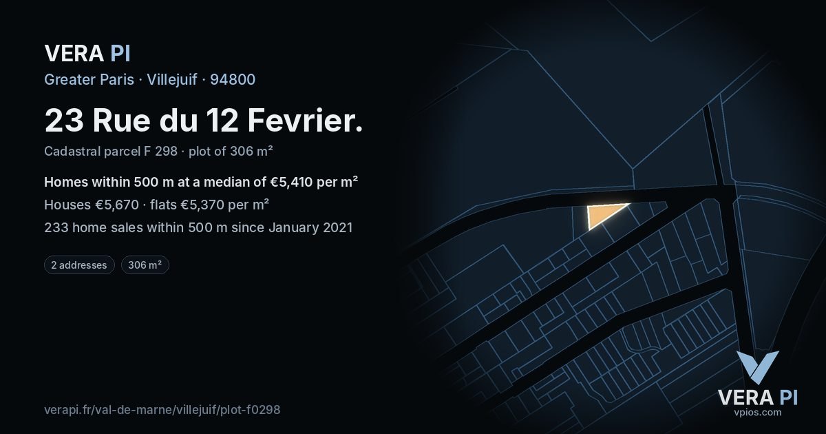 23 Rue du 12 Fevrier, Villejuif at night – the plot lit, the parcels around coloured by the prices near them