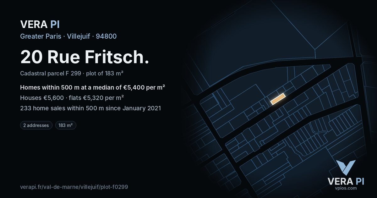 20 Rue Fritsch, Villejuif at night – the plot lit, the parcels around coloured by the prices near them