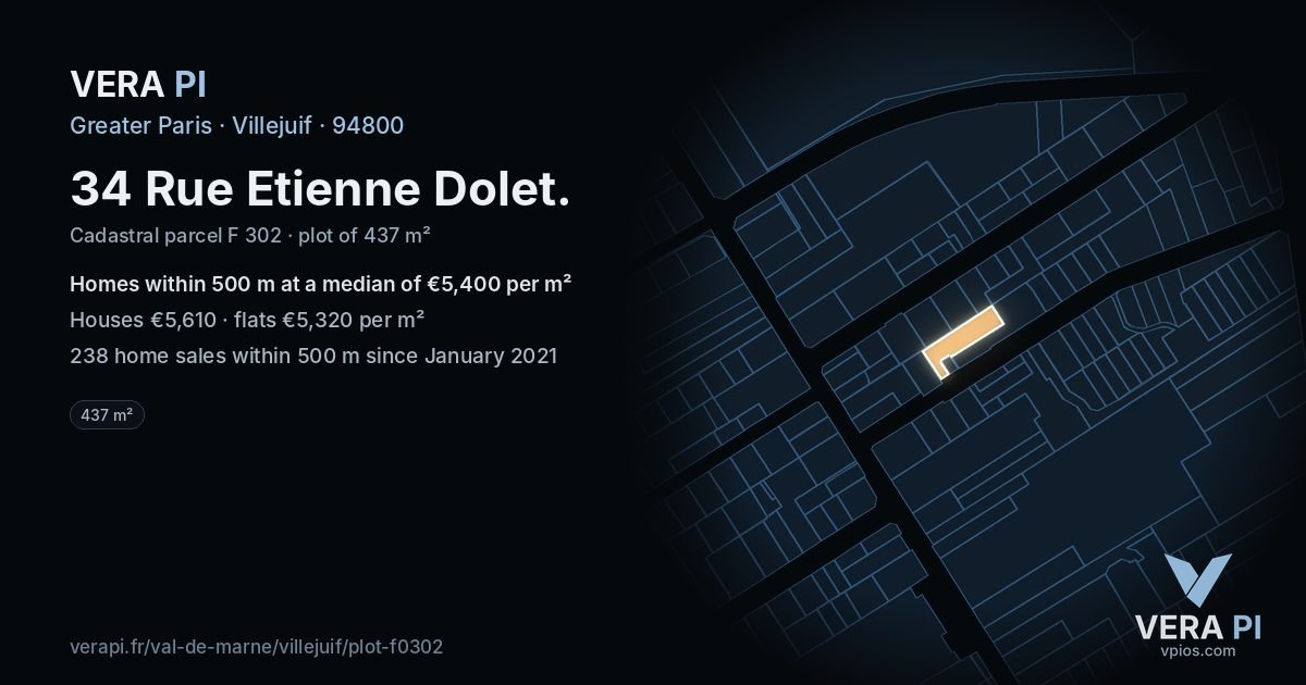 34 Rue Etienne Dolet, Villejuif at night – the plot lit, the parcels around coloured by the prices near them