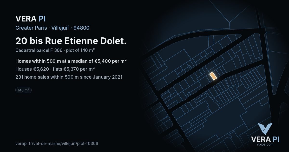 20 bis Rue Etienne Dolet, Villejuif at night – the plot lit, the parcels around coloured by the prices near them