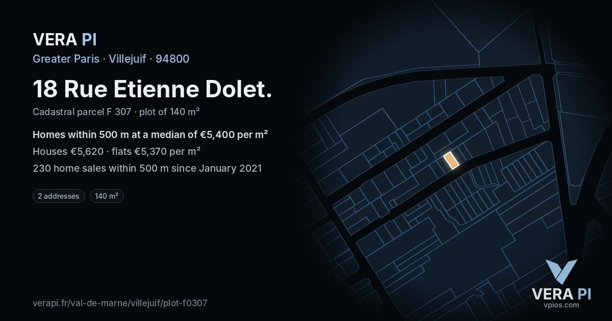 18 Rue Etienne Dolet, Villejuif at night – the plot lit, the parcels around coloured by the prices near them