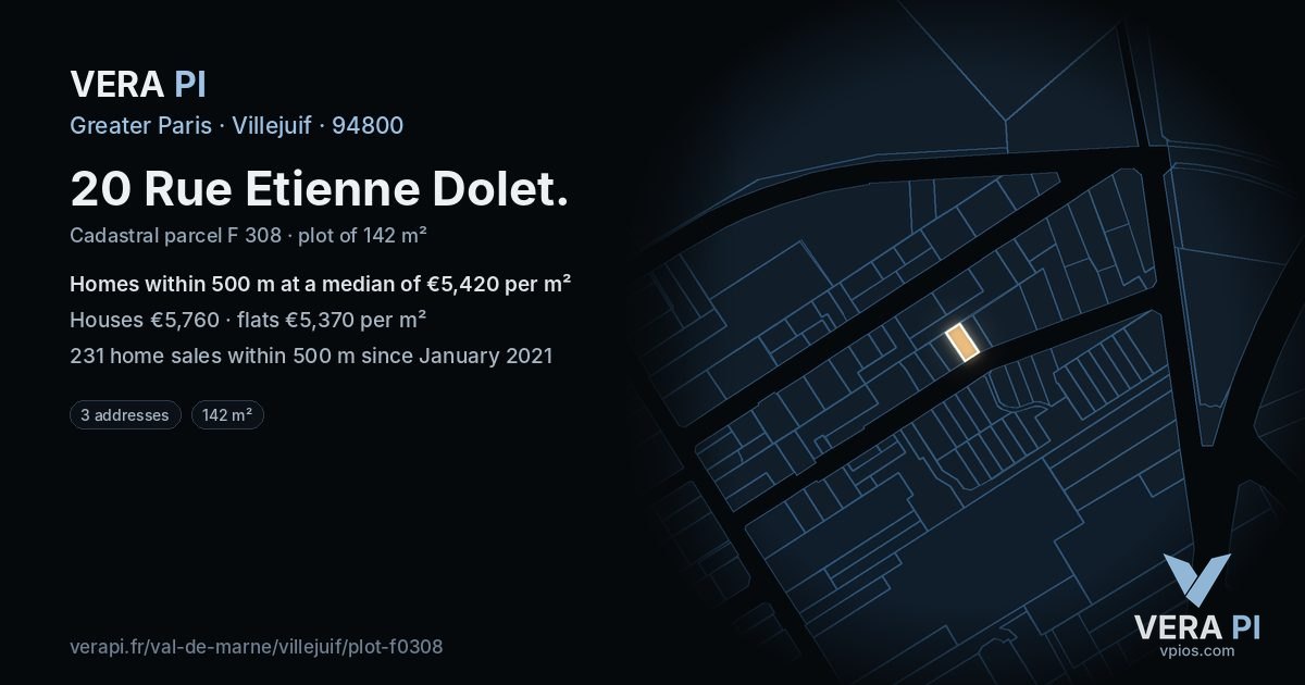 20 Rue Etienne Dolet, Villejuif at night – the plot lit, the parcels around coloured by the prices near them