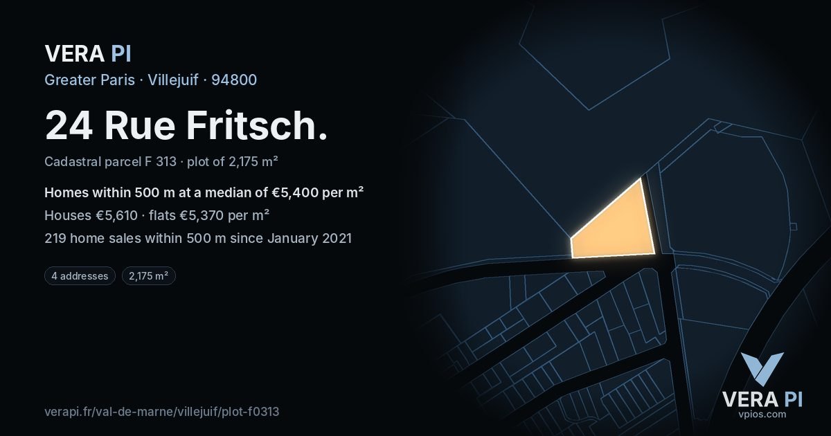 24 Rue Fritsch, Villejuif at night – the plot lit, the parcels around coloured by the prices near them