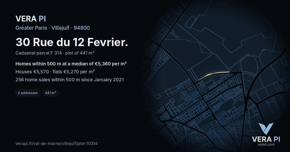 30 Rue du 12 Fevrier, Villejuif at night – the plot lit, the parcels around coloured by the prices near them