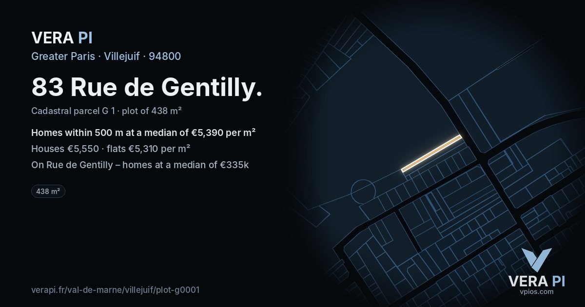 83 Rue de Gentilly, Villejuif at night – the plot lit, the parcels around coloured by the prices near them