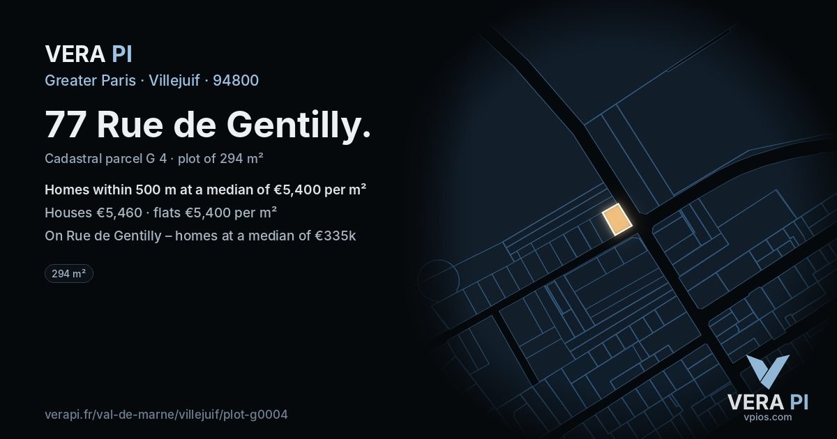 77 Rue de Gentilly, Villejuif at night – the plot lit, the parcels around coloured by the prices near them