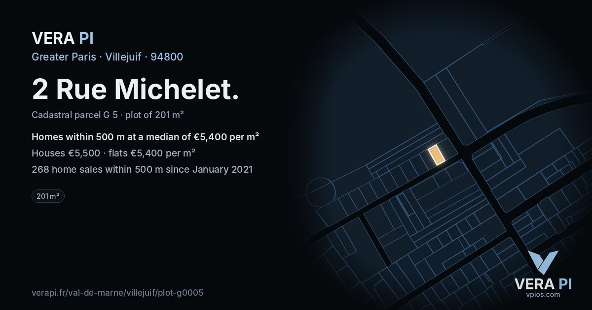 2 Rue Michelet, Villejuif at night – the plot lit, the parcels around coloured by the prices near them