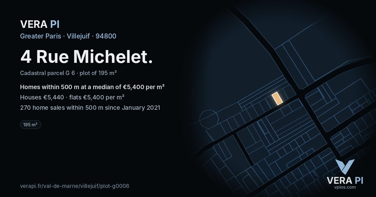 4 Rue Michelet, Villejuif at night – the plot lit, the parcels around coloured by the prices near them