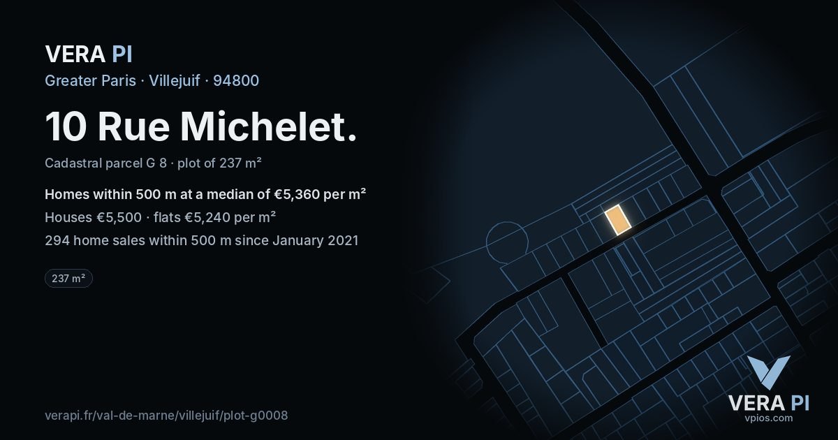 10 Rue Michelet, Villejuif at night – the plot lit, the parcels around coloured by the prices near them