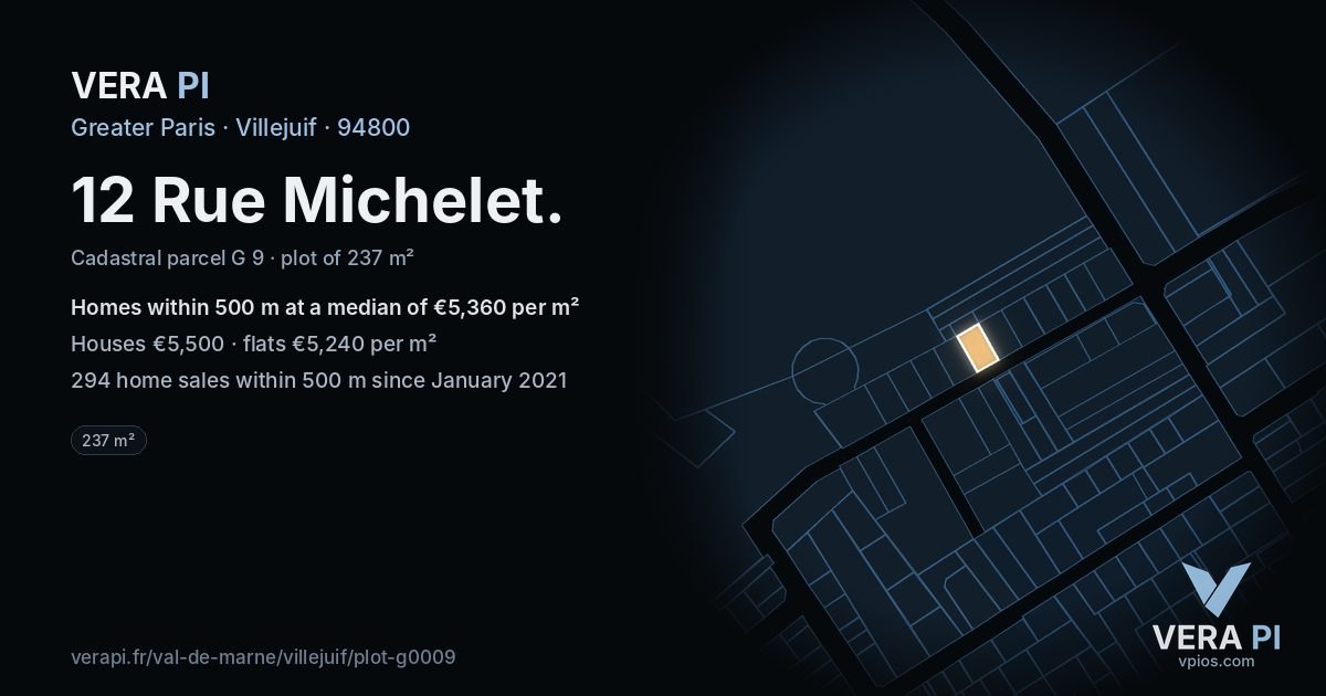 12 Rue Michelet, Villejuif at night – the plot lit, the parcels around coloured by the prices near them