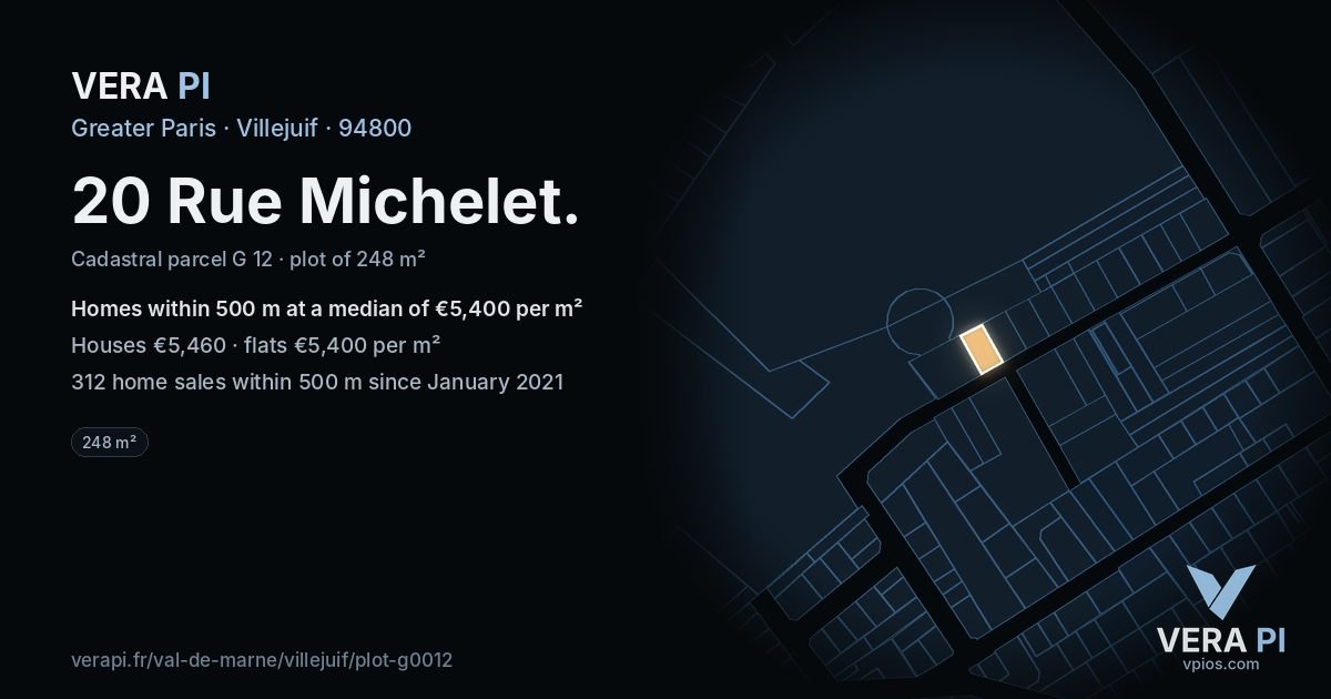20 Rue Michelet, Villejuif at night – the plot lit, the parcels around coloured by the prices near them