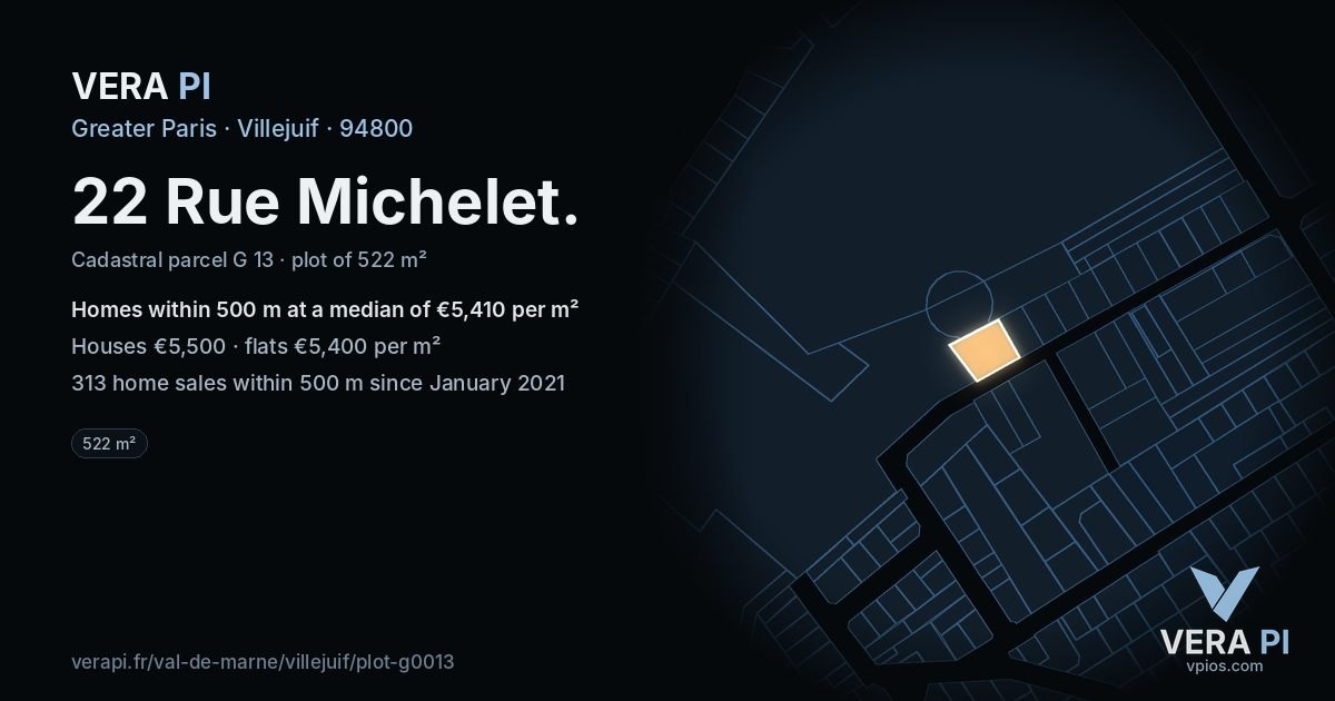 22 Rue Michelet, Villejuif at night – the plot lit, the parcels around coloured by the prices near them