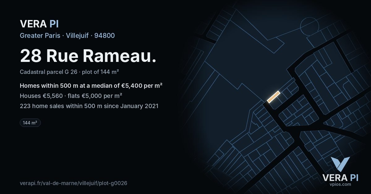 28 Rue Rameau, Villejuif at night – the plot lit, the parcels around coloured by the prices near them