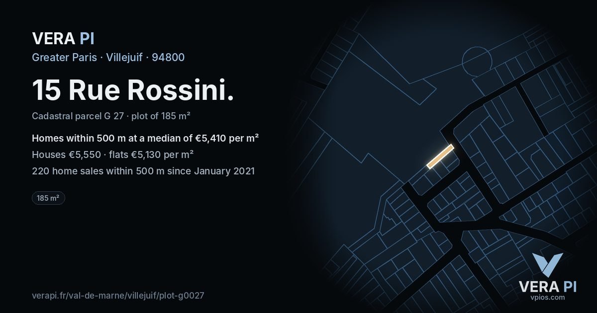 15 Rue Rossini, Villejuif at night – the plot lit, the parcels around coloured by the prices near them