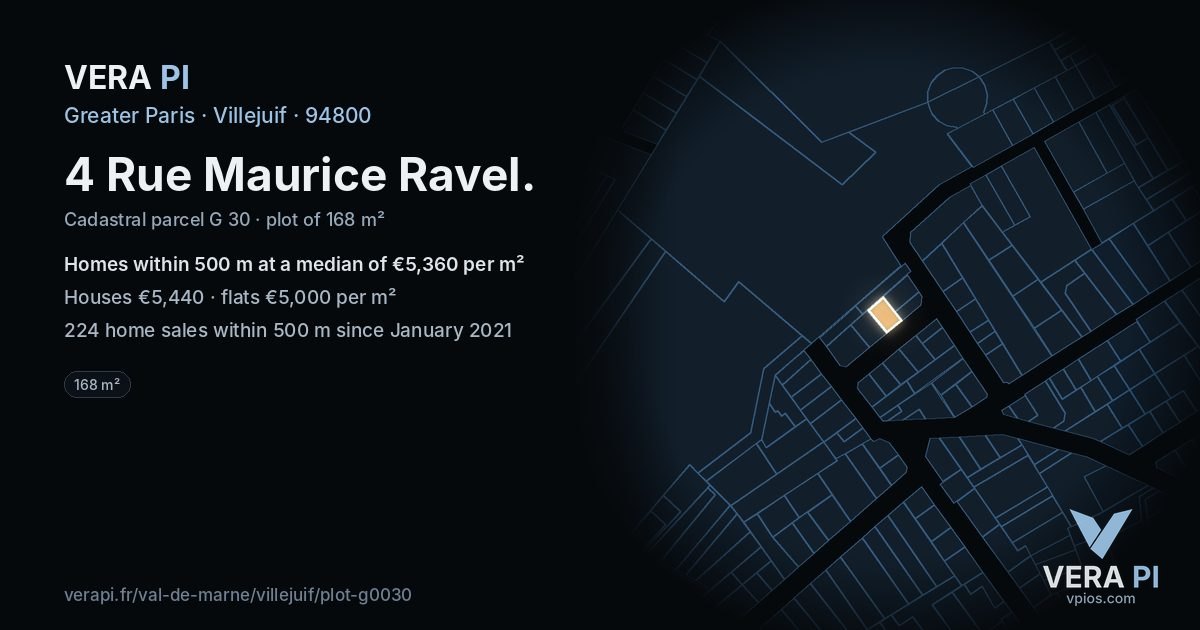 4 Rue Maurice Ravel, Villejuif at night – the plot lit, the parcels around coloured by the prices near them