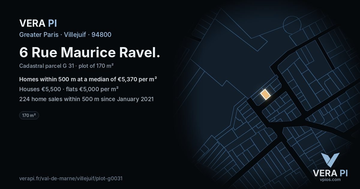 6 Rue Maurice Ravel, Villejuif at night – the plot lit, the parcels around coloured by the prices near them