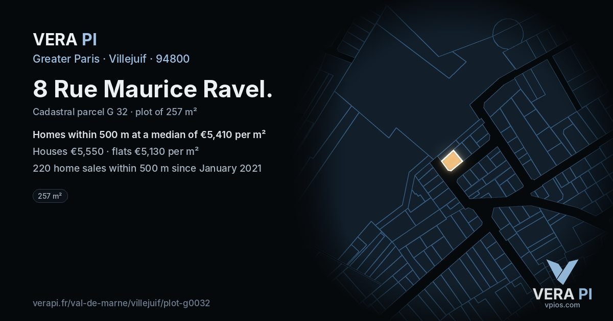 8 Rue Maurice Ravel, Villejuif at night – the plot lit, the parcels around coloured by the prices near them