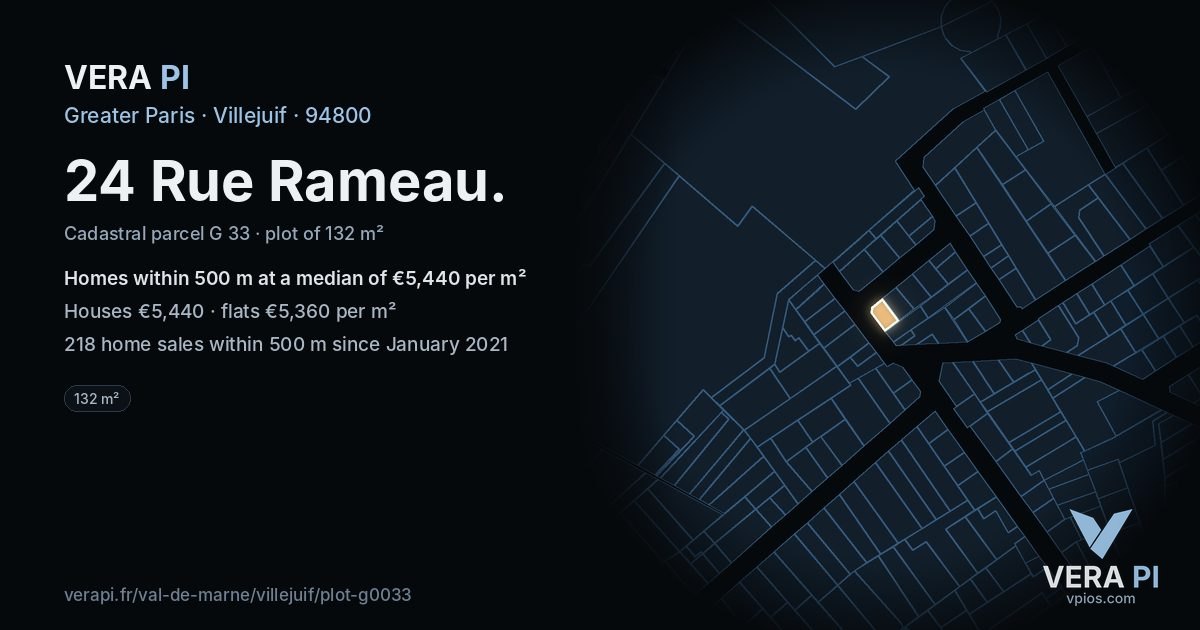 24 Rue Rameau, Villejuif at night – the plot lit, the parcels around coloured by the prices near them