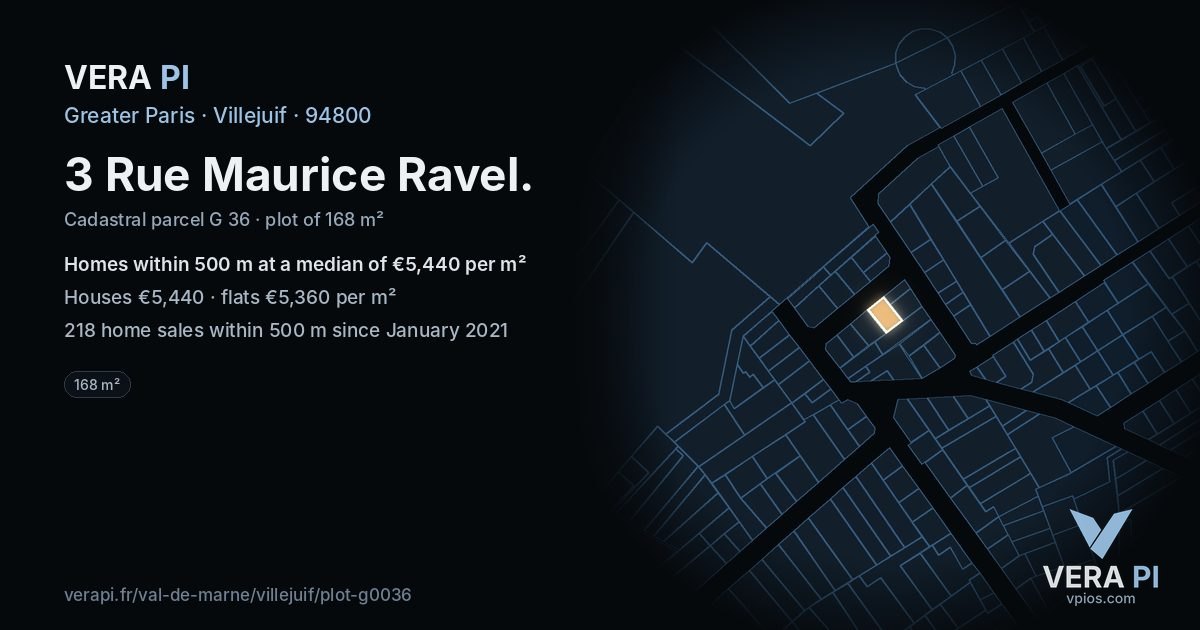 3 Rue Maurice Ravel, Villejuif at night – the plot lit, the parcels around coloured by the prices near them