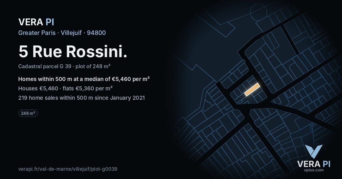 5 Rue Rossini, Villejuif at night – the plot lit, the parcels around coloured by the prices near them