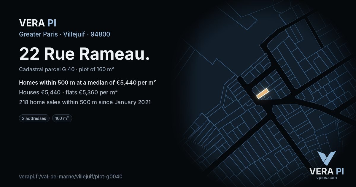 22 Rue Rameau, Villejuif at night – the plot lit, the parcels around coloured by the prices near them
