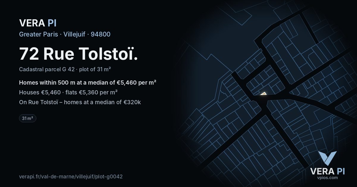 72 Rue Tolstoï, Villejuif at night – the plot lit, the parcels around coloured by the prices near them
