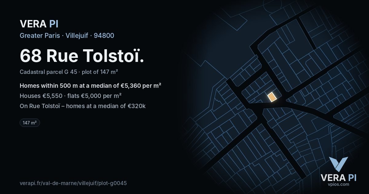 68 Rue Tolstoï, Villejuif at night – the plot lit, the parcels around coloured by the prices near them