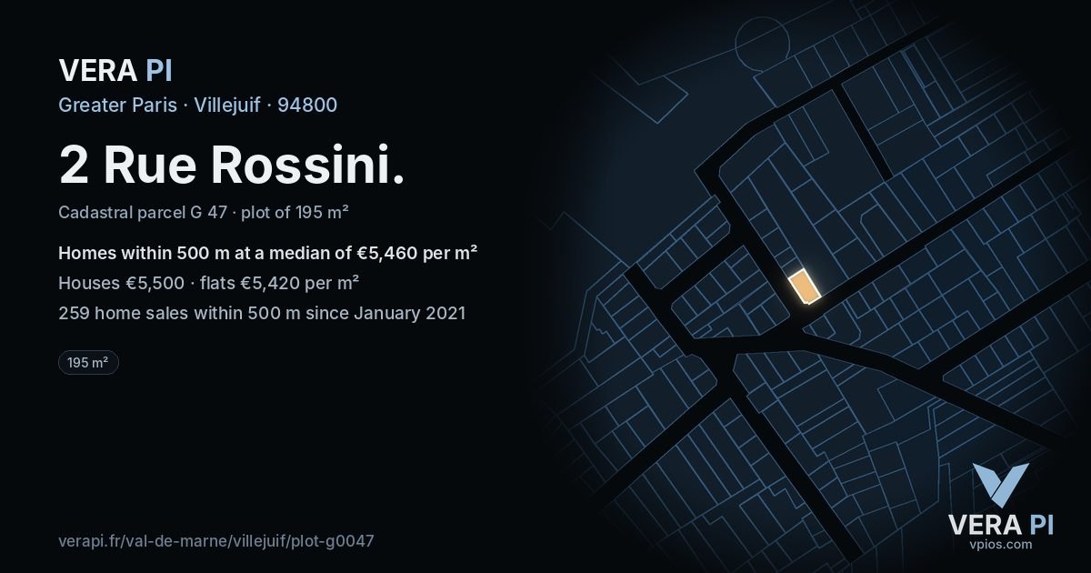 2 Rue Rossini, Villejuif at night – the plot lit, the parcels around coloured by the prices near them
