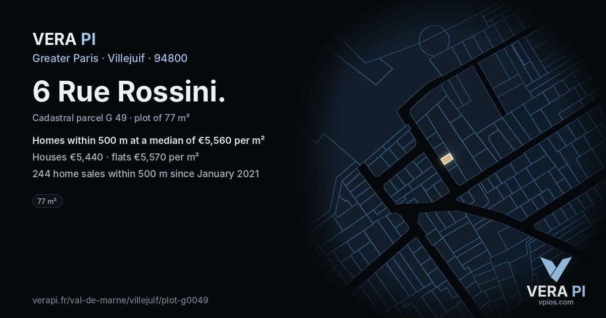 6 Rue Rossini, Villejuif at night – the plot lit, the parcels around coloured by the prices near them