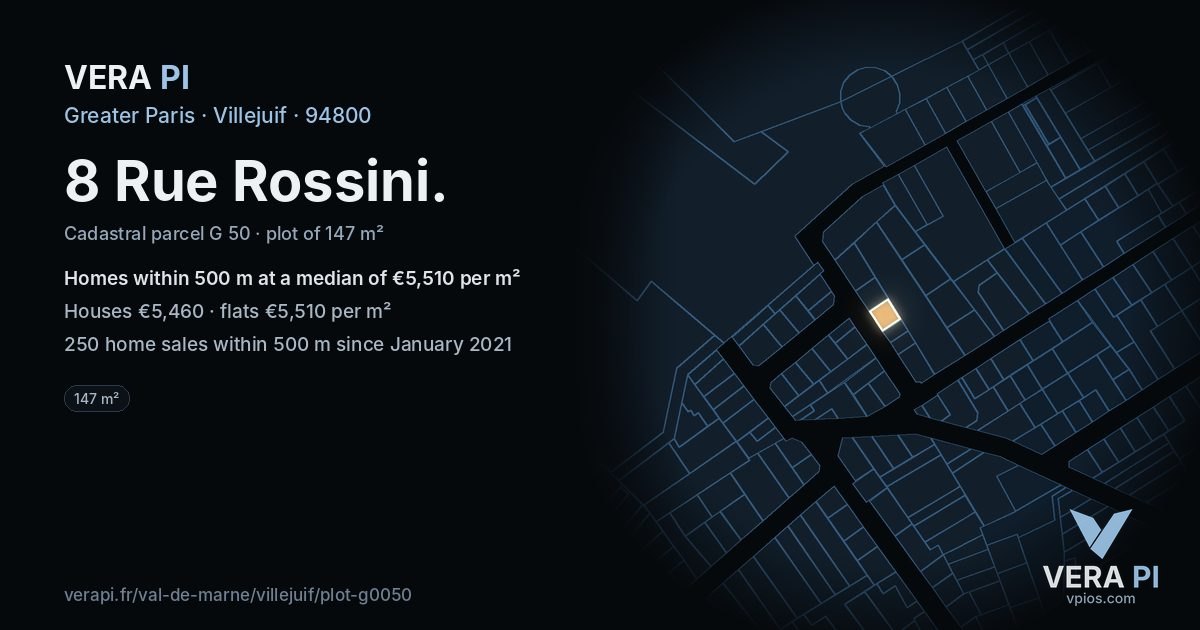 8 Rue Rossini, Villejuif at night – the plot lit, the parcels around coloured by the prices near them