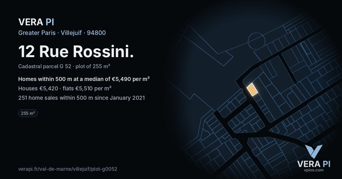 12 Rue Rossini, Villejuif at night – the plot lit, the parcels around coloured by the prices near them