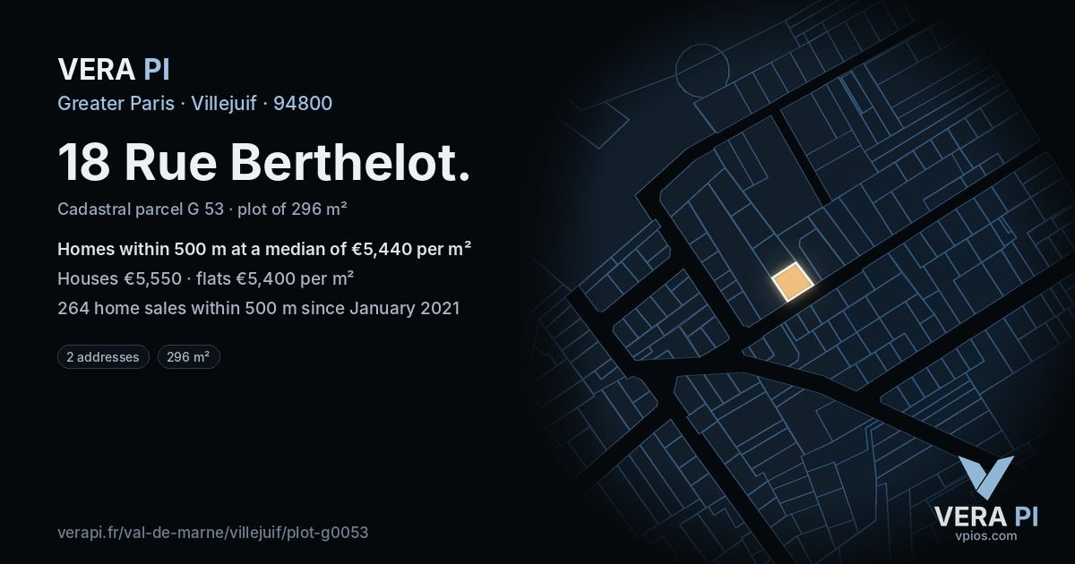 18 Rue Berthelot, Villejuif at night – the plot lit, the parcels around coloured by the prices near them