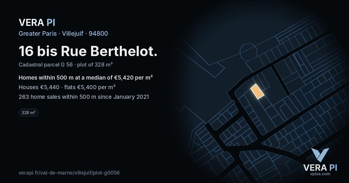 16 bis Rue Berthelot, Villejuif at night – the plot lit, the parcels around coloured by the prices near them