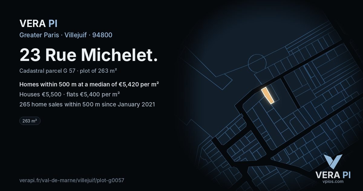 23 Rue Michelet, Villejuif at night – the plot lit, the parcels around coloured by the prices near them
